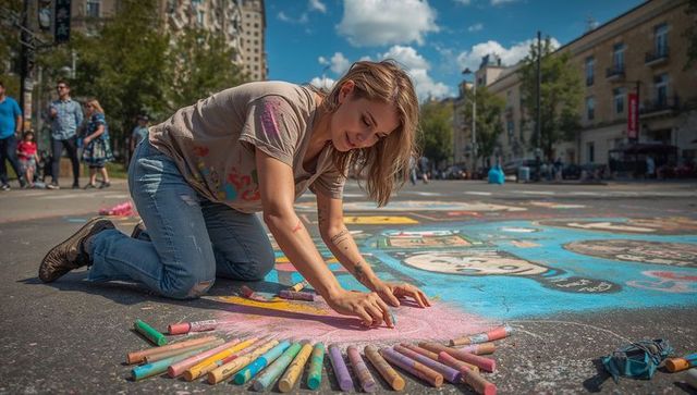 Kneeling street artist creating vibrant chalk mural on urban closed street festival