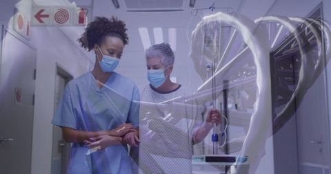 Nurse and Patient in Hospital with DNA Helix Overlay