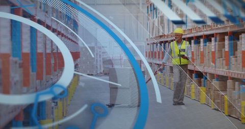 Warehouse Worker Checking Inventory with Tablet and Manual Pallet Jack