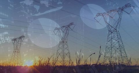 Electricity Pylons and Digital Data Symbols at Sunset - Download Free Stock Images Pikwizard.com