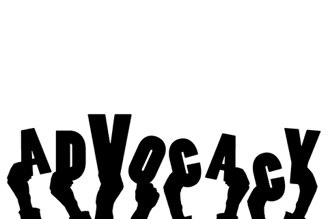 Transparent advocacy concept with hands and justice text