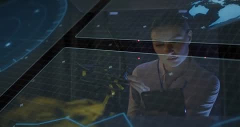 Data analyst interacting with holographic global data interface on tablet refining models