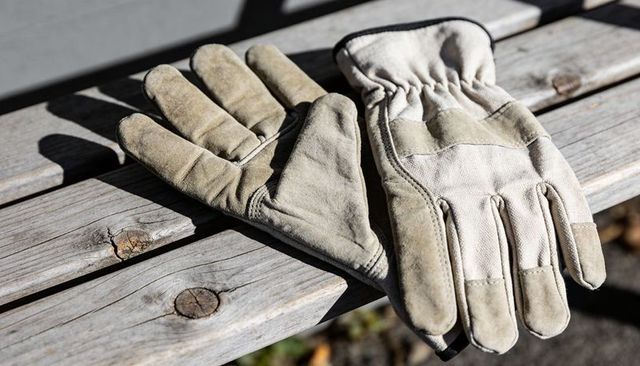 Sunlit beige leather canvas work gloves resting on weathered bench casting long shadows