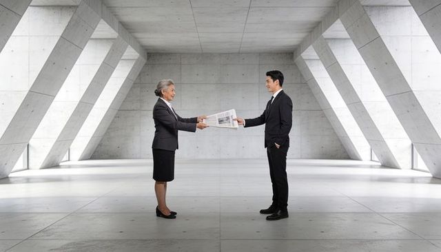 Senior businesswoman passing newspaper to young businessman in minimal concrete atrium
