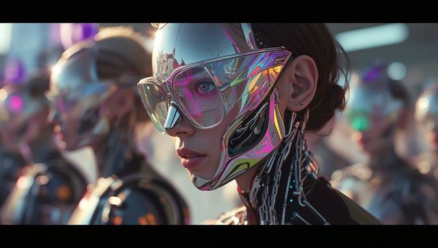 Futuristic female cyborg in assembly: displaying advanced circuitry