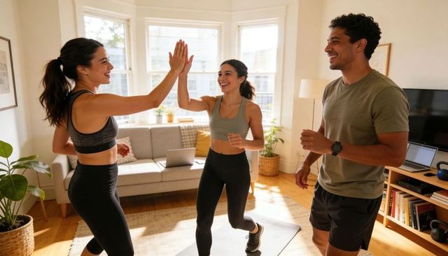Smiling friends high-fiving during sunlit home workout with laptop and exercise mat