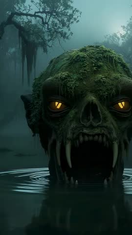 Vertical video: Moss-covered skull-like head emerging from foggy bayou water, glowing eyes and fangs
