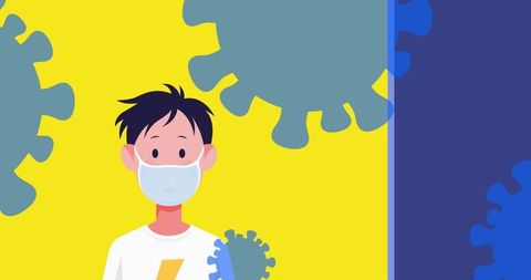 Cartoon character with face mask and virus cells