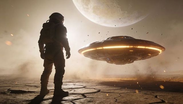 Astronaut Standing Before Hovering Alien Disc Craft on Cracked Desert Planet Backlit Moon