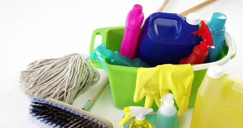 Colorful Cleaning Supplies Arranged with Brush and Mop - Download Free Stock Images Pikwizard.com