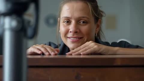 Middle-aged woman leaning over wooden table, smiling and peeking into camera in home video