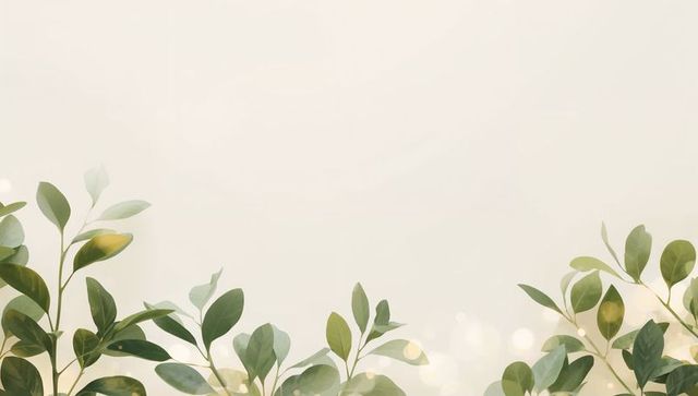 Soft green foliage border with bokeh on cream pastel background for design and branding