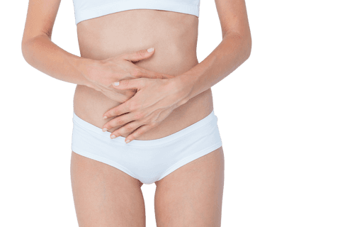Transparent image of woman with stomach pain in white underwear