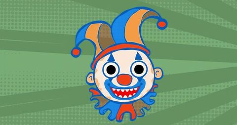 Playful cartoon clown with jester hat on green background