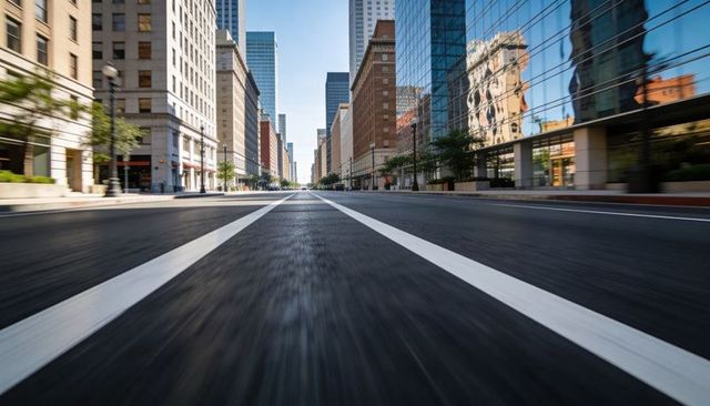 Low-angle downtown avenue stretching to skyline with lane markings and glass reflections