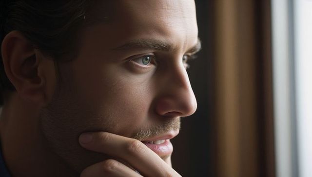 Pensive young man gazing out window touching chin soft sunlight highlighting profile and stubble