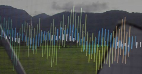 Audio waveform overlay on car windshield with mountain landscape and ambient wiper motion