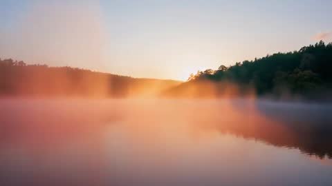 Sunrise over Scenic Misty Lake with Forest View