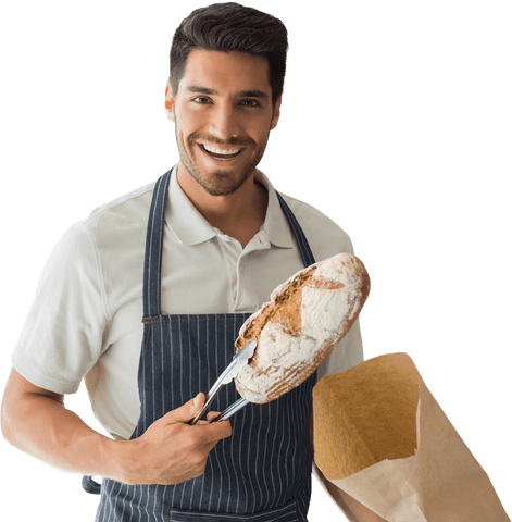 happy baker packing freshly baked bread loaf transparent background - Download Free Stock Videos Pikwizard.com