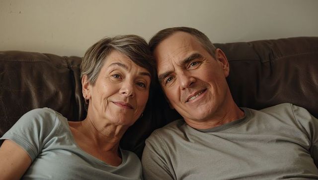 Mature couple relaxing on leather couch, leaning heads together, warm intimate portrait