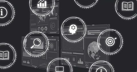 Futuristic data dashboard displaying layered hud rings, analytics charts and global map