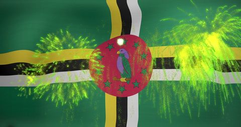 Fireworks Display Over Dominica Flag Celebrating National Pride
