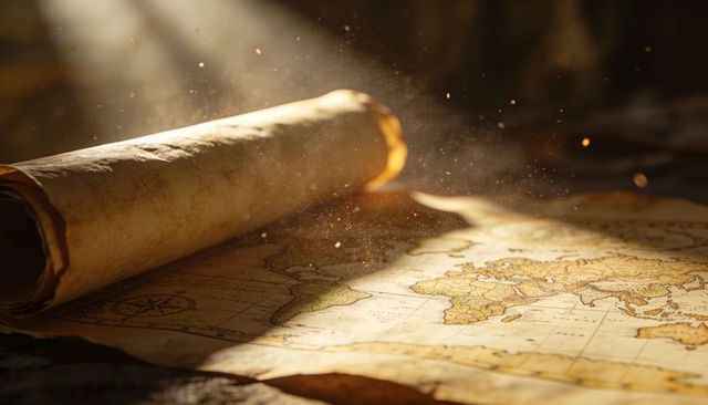 Sunlit antique world map with rolled parchment scroll and compass rose, vintage explorer