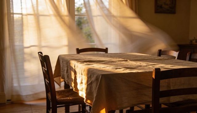 Sunlit Rustic Dining Table with Linen Tablecloth and Sheer Curtains, Warm Morning Light
