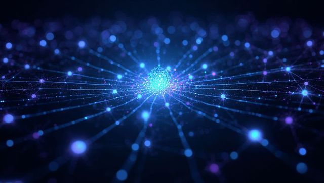 Neon neural hub radiating connected nodes and data streams in futuristic digital network