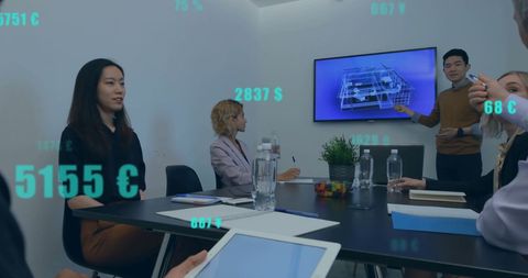 Diverse Team Collaborating in Data-Driven Meeting Room with Futuristic Elements