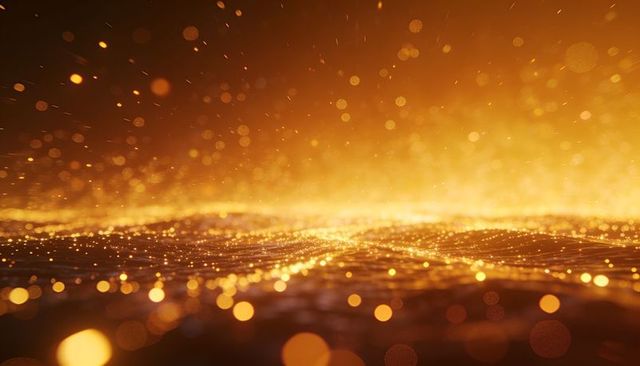Glowing golden particle landscape with bokeh orbs and shimmering horizon for luxury design
