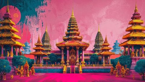 Ornate temple pavilion with pagodas under vibrant pink sky