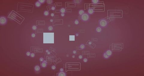 Floating UI tiles with glowing chat nodes and network visualization on maroon gradient