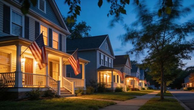 American flags waving at dusk on charming suburban porches with warm lantern light