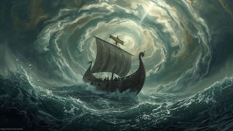 Viking longship battling stormy seas