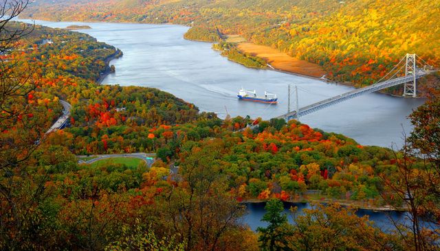 Panoramic View of Autumn Forest with Hudson River and Suspension Bridge - Download Free Stock Photos Pikwizard.com