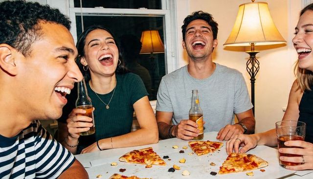 Group of young friends laughing over pizza and beer during cozy apartment evening