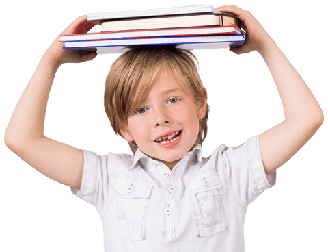 Happy Boy Balancing Books on Head on Transparent Background