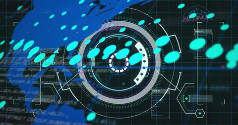Rotating cyber HUD scanning dark grid dashboard with turquoise pings and map overlay