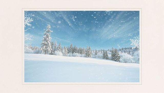 Framed Winter Meadow Print with Snow-Covered Pines, Sun Rays, Snowfall on Textured Wall