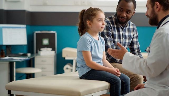 Young girl sitting on exam table listening to pediatrician with father watching supportively