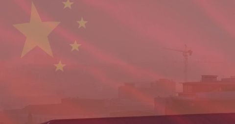 Chinese Flag Overlay on Urban Skyline Symbolizes Economic Growth