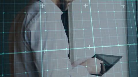 Businessman and Digital Data Interface Conceptual Blue Grid Overlay