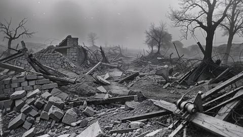 War-damaged trench in foggy first world war battlefield scene