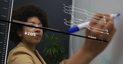 Businesswoman Analyzing High-Tech Financial Data on Transparent Screen