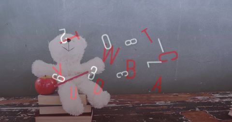 Cute teddy bear on books with floating letters and apple