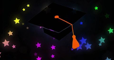 Hovering graduation cap with orange tassel and glowing multicolor stars marking success