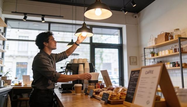 Barista adjusting pendant light over coffee counter with espresso machine and pastries