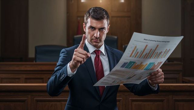 Male lawyer pointing while presenting data charts in courtroom, intense legal argument