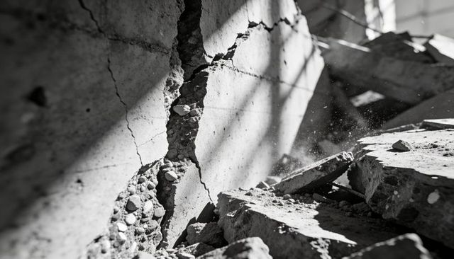 Cracking concrete wall casting grid shadows over rubble and dust in harsh sunlight